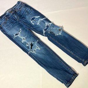 American Eagle denim jeans jegging sz 0 short medium wash heavily distressed